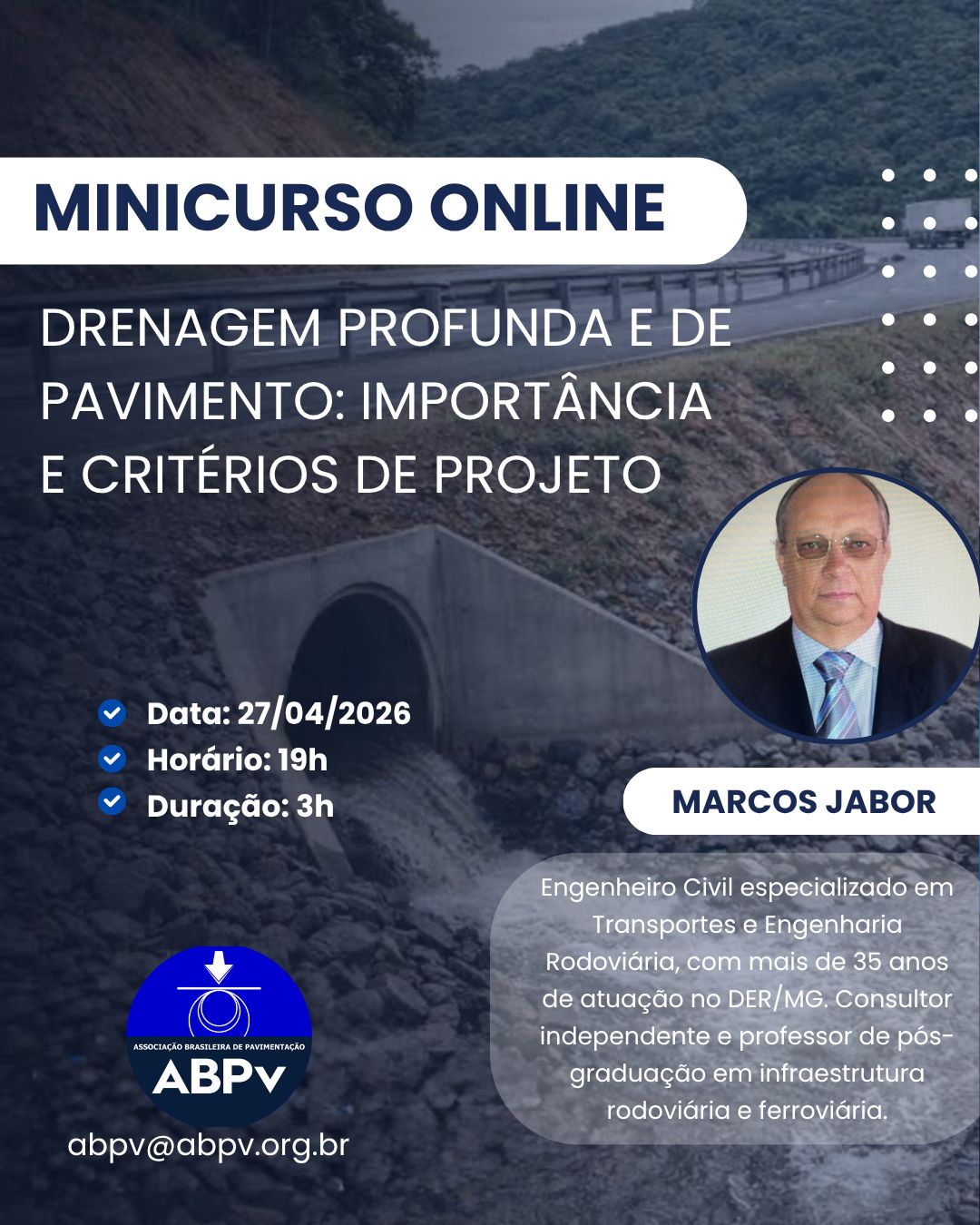 Minicurso online Drenagem Profunda e de Pavimento: Importância e Critérios de Projeto