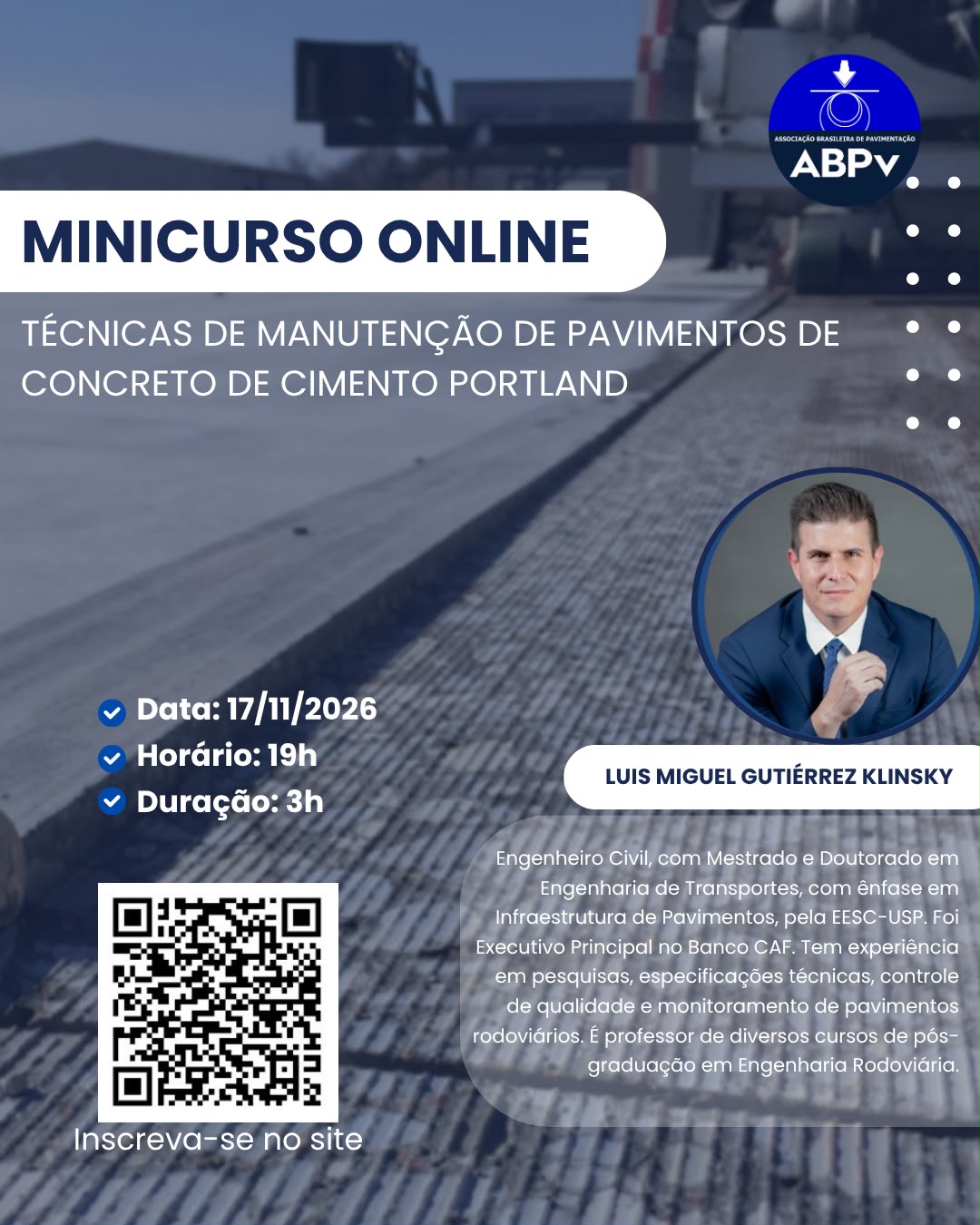 Minicurso online e ao vivo:  TÉCNICAS DE MANUTENÇÃO DE PAVIMENTOS DE CONCRETO DE CIMENTO PORTLAND